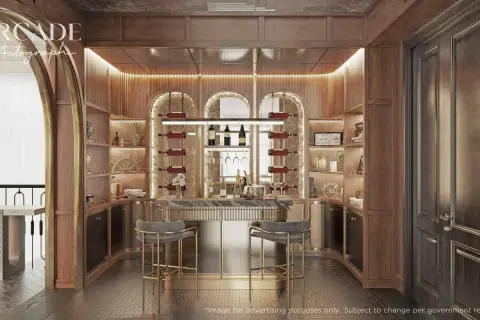 4 Bedroom House for Sale at Arcade Autograph private wine bar with arched display racks, marble counter and gold bar stools