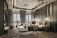 5 Bedroom House for Sale at Windemere master bedroom with upholstered bed, chaise lounge and city view