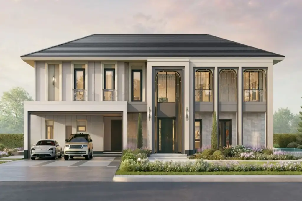 4 Bedroom House for Sale at Windemere two-story modern facade with carport, two cars, and landscaped garden