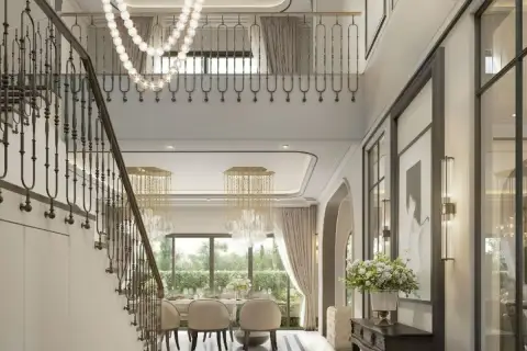 4 Bedroom House for Sale at Windemere double-height foyer with wrought-iron staircase and dining area view