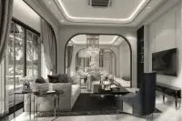 4 Bedroom House for Sale at Windemere elegant living room with arched doorways, tufted sofas, and chandelier