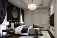 4 Bedroom House for Sale at Windemere master bedroom with leather headboard, chandelier, and lounge chair