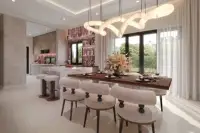 4 Bedroom House for Sale at Windemere open-plan dining area with marble kitchen island and sculptural pendant light