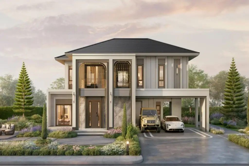 4 Bedroom House for Sale at Windemere modern two-story exterior with landscaped garden and covered carport