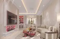 4 Bedroom House for Sale at Windemere elegant living room with curved sofa and marble fireplace wall