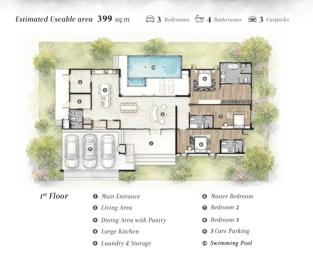 3 Bedroom House for Sale at Windemere modern single-story home exterior with covered carport and landscaped garden
