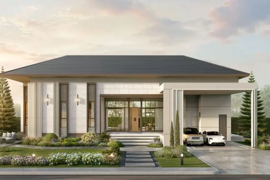 4 Bedroom House for Sale at Windemere modern single-story facade with landscaped garden and covered carport