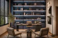 3 Bedroom House for Sale at Spectra Residence elegant home office with backlit blue shelving, desk, and leather armchairs