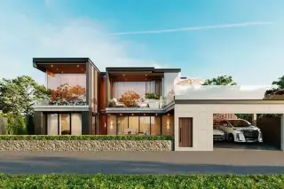 Onyx Grand Village - Baan Mae Villa 12 modern two-story house with glass balconies, integrated carport, and stone facade.