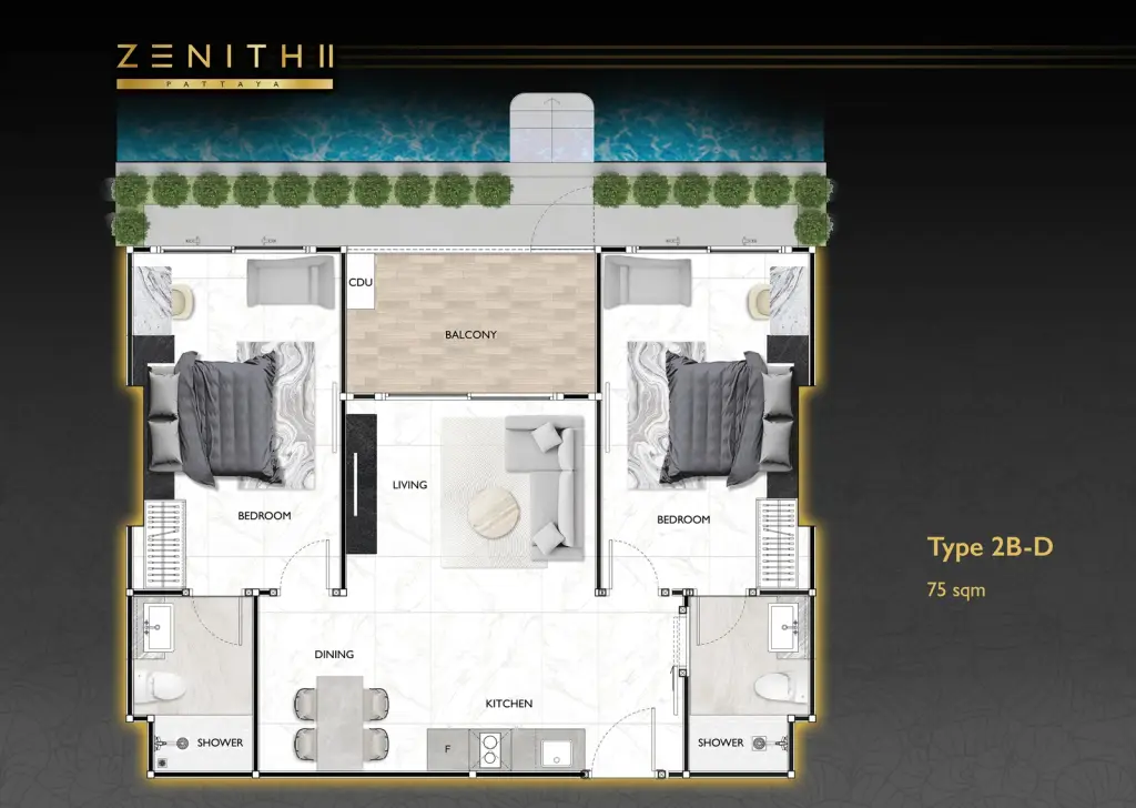 2 Bedroom Condo for Sale at Zenith 2 master bedroom with marble feature wall and pool-view window