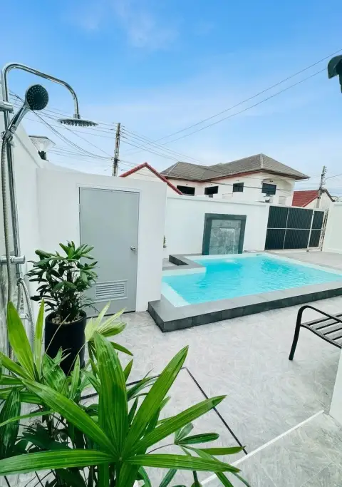 3 Bedroom House for Sale in Nong Prue showing pool, outdoor shower, and sun lounger by the patio