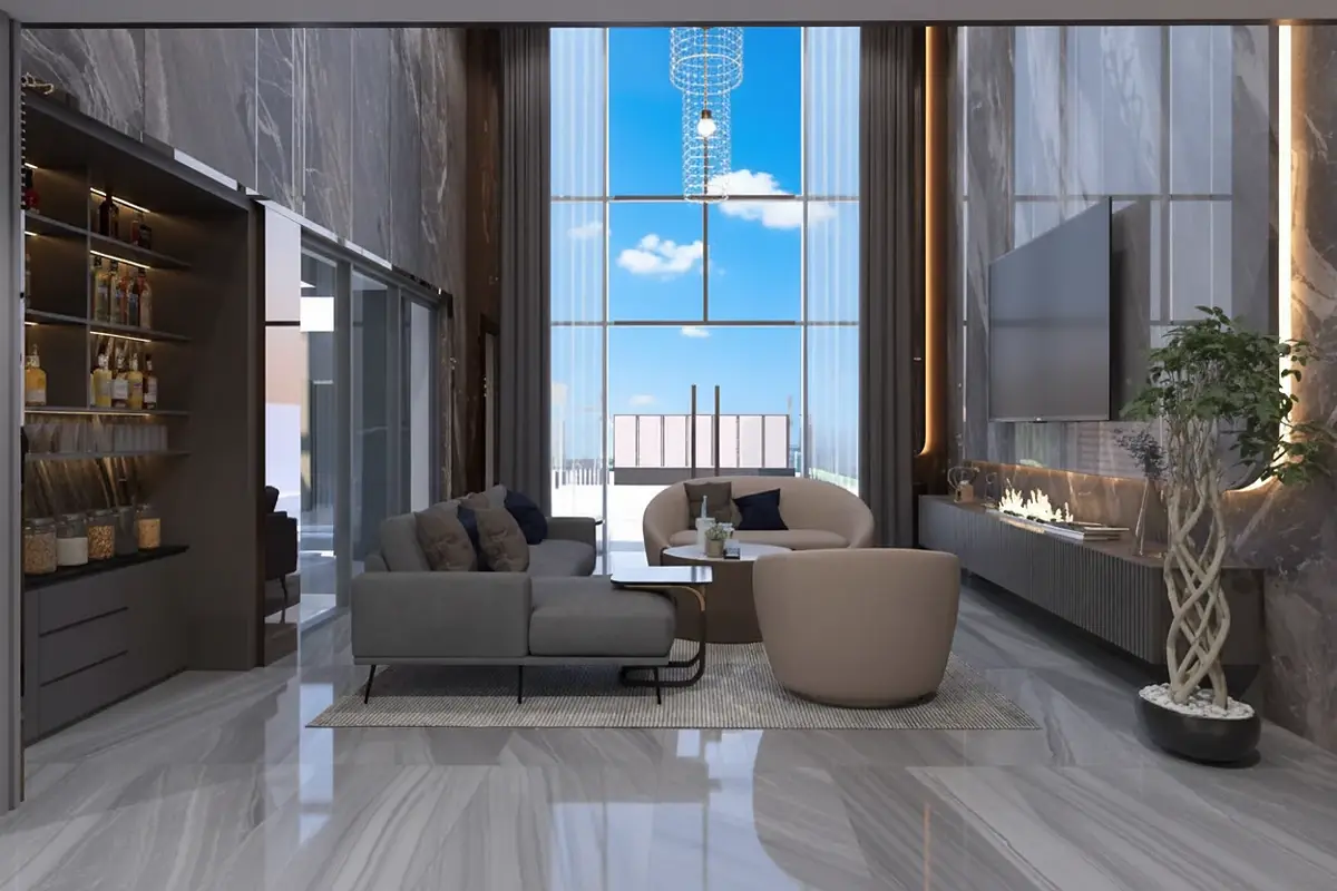 Alicera Ville modern living room with high ceilings, large windows, grey sofas, and a built-in bar.