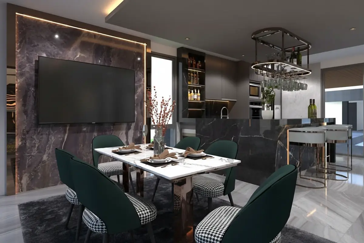 Alicera Ville dining area with a white marble table, green chairs, and a large wall-mounted TV.