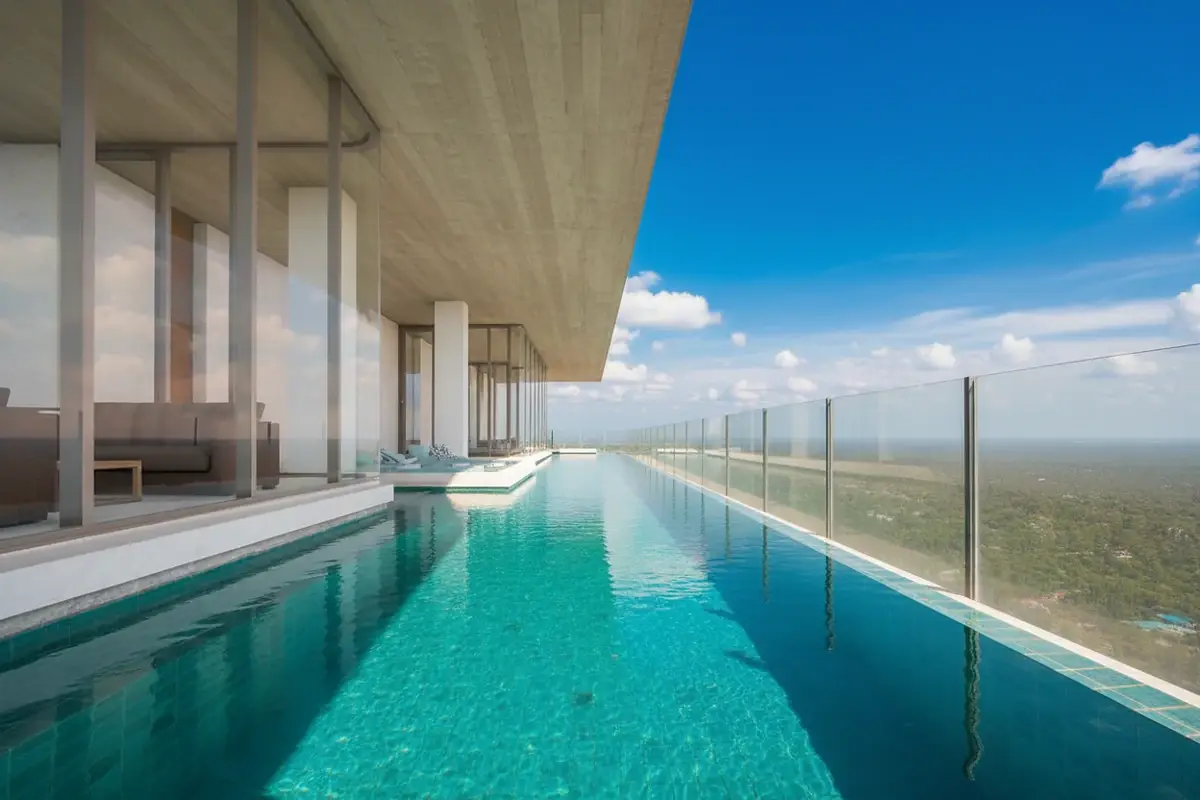 Arom Jomtien long, narrow infinity pool on a high floor overlooking the ocean at sunset.
