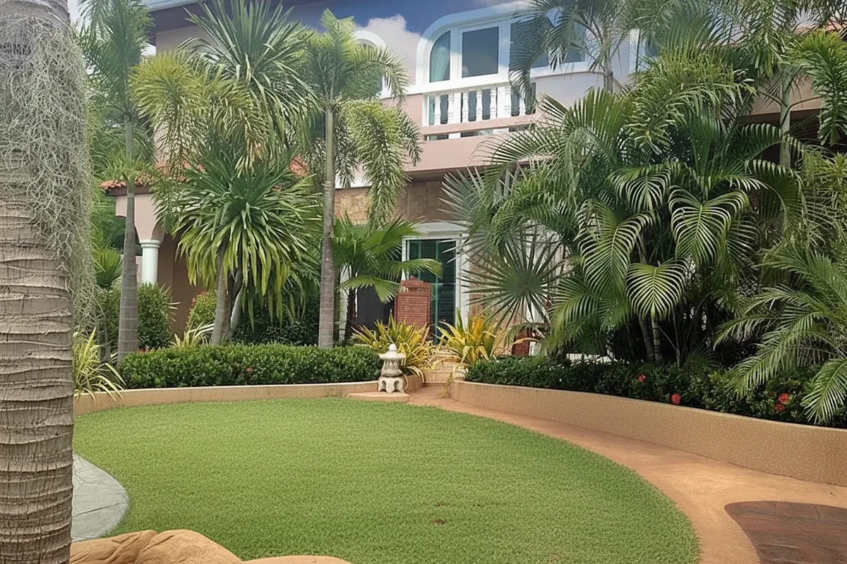 Baan Nai Fuun Village, large house with lush tropical garden, green lawn, and curved pathway.