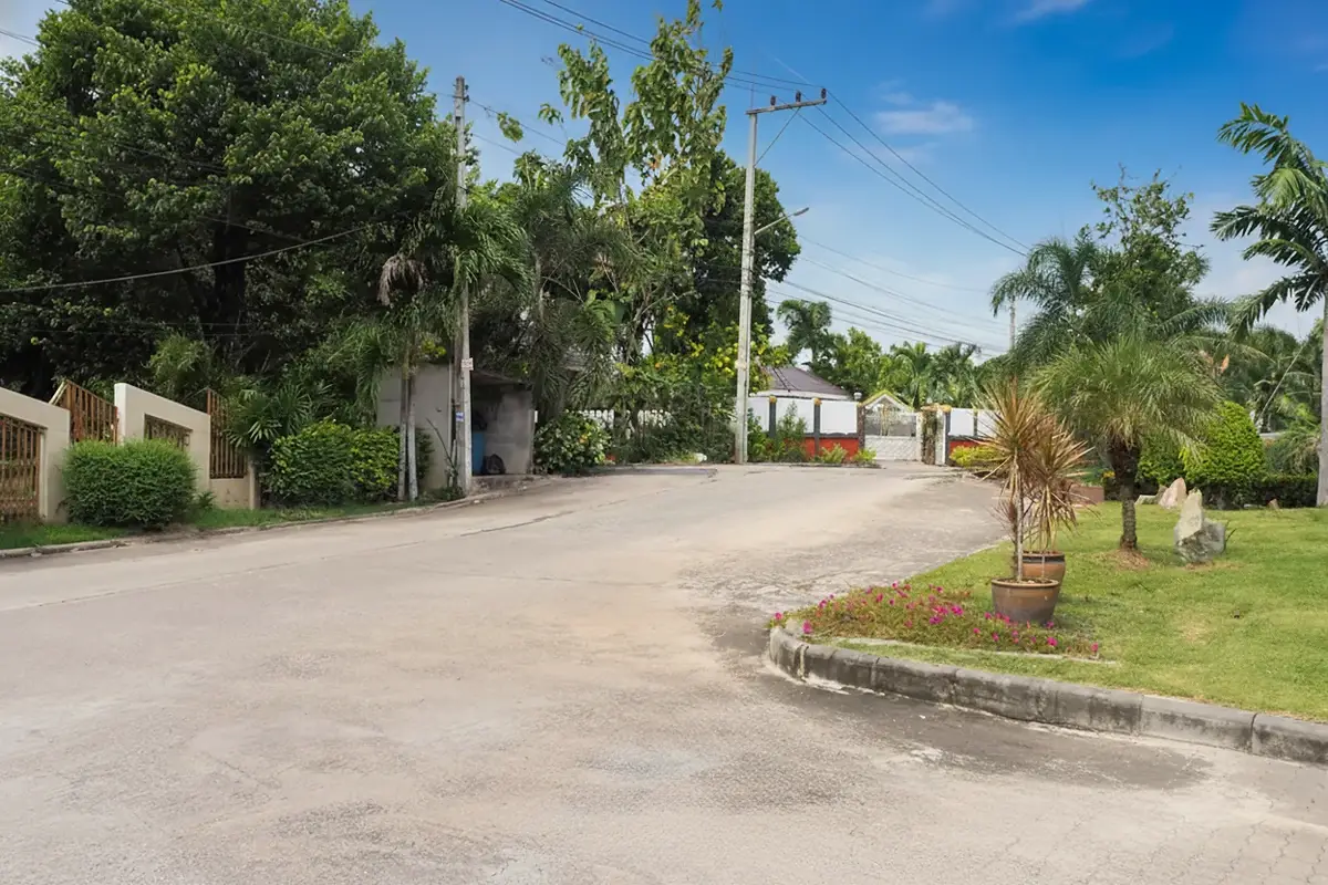 Baan Piam Mongkhon paved residential road with lush green trees and tropical plants.