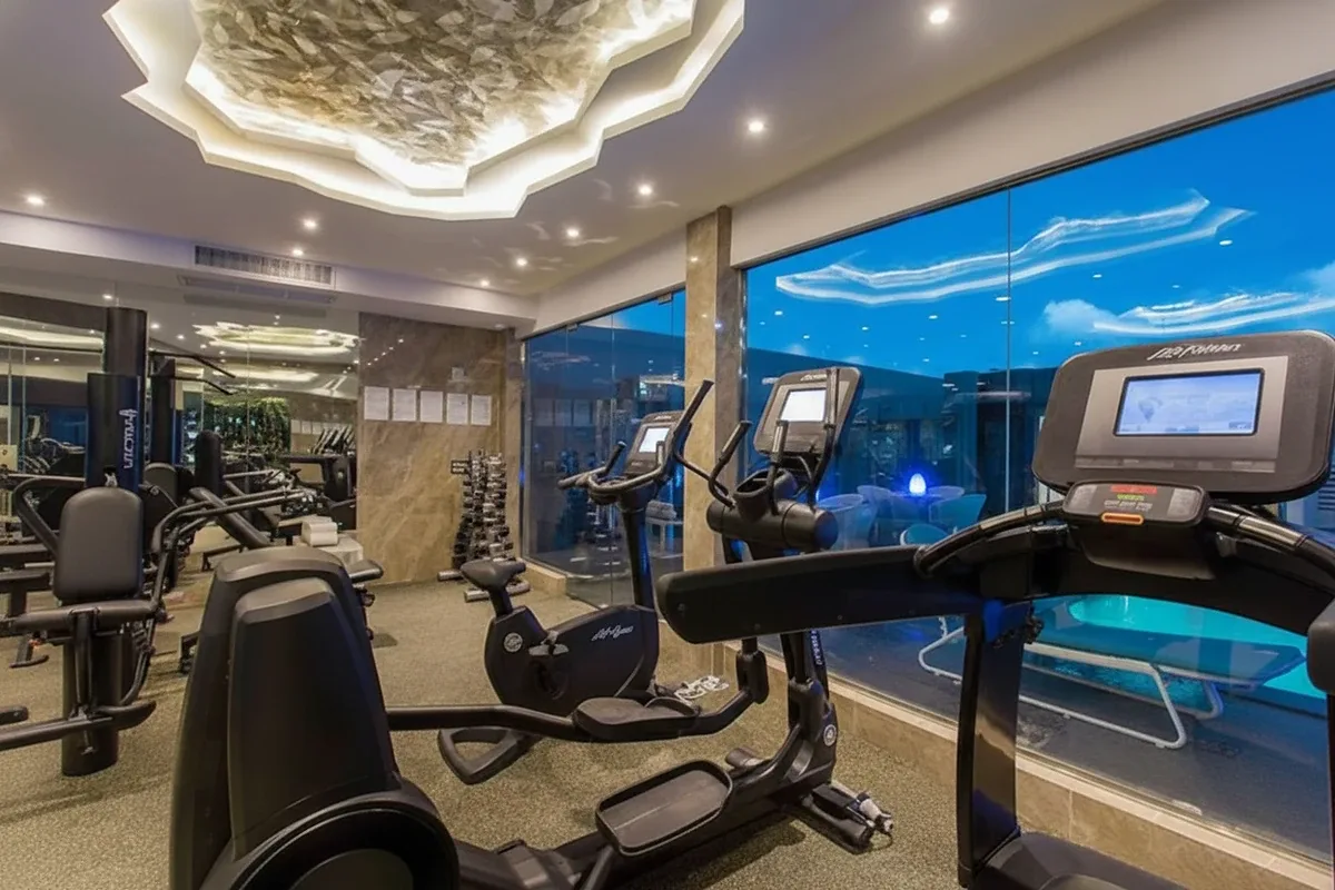 Centara Avenue Residence and Suites outdoor swimming pool with water slides and rock features at night, illuminated with colorful lights.