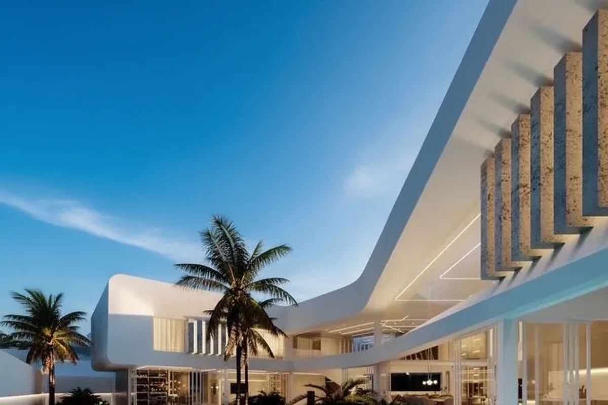 Glory Village Pattaya modern house exterior at dusk with palm trees and dramatic sky.