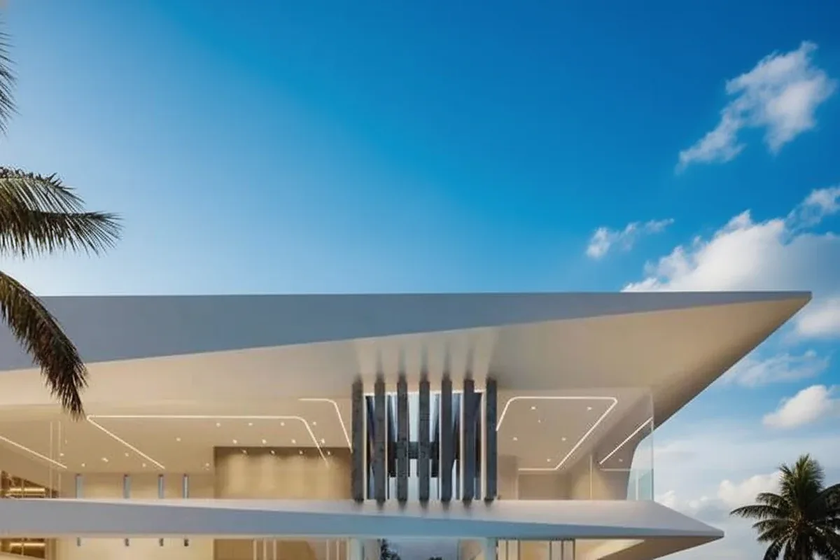 Glory Village Pattaya contemporary house exterior with sharp lines, glass, and illuminated details at night.