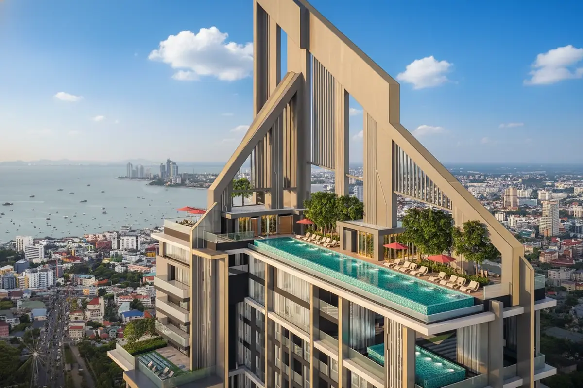 Grand Solaire Pattaya luxurious spa room with an oval waterfall pool and panoramic city views through large windows.