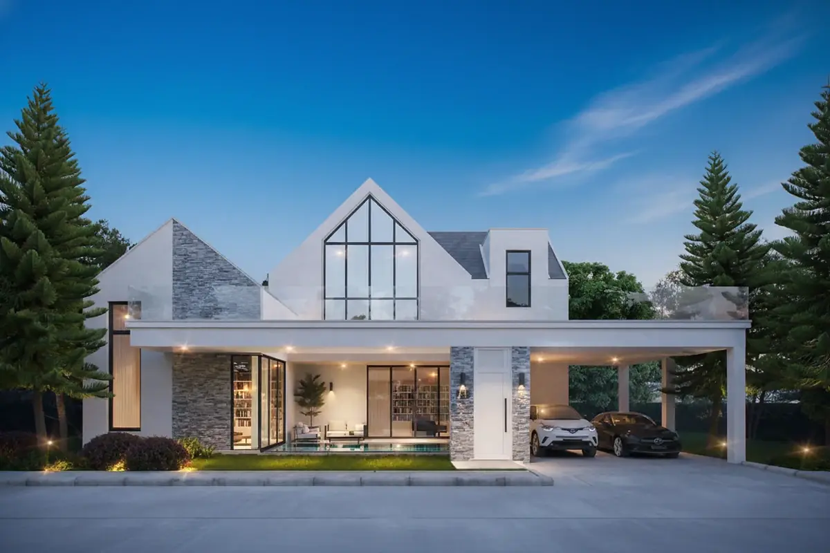 Larelana Villa modern white exterior with gabled roof, large windows, carport, and landscaped entrance at dusk.