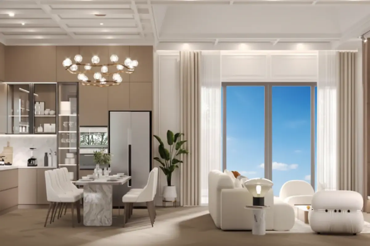Larelana Villa contemporary open-plan living room and dining area with large glass doors to a garden.