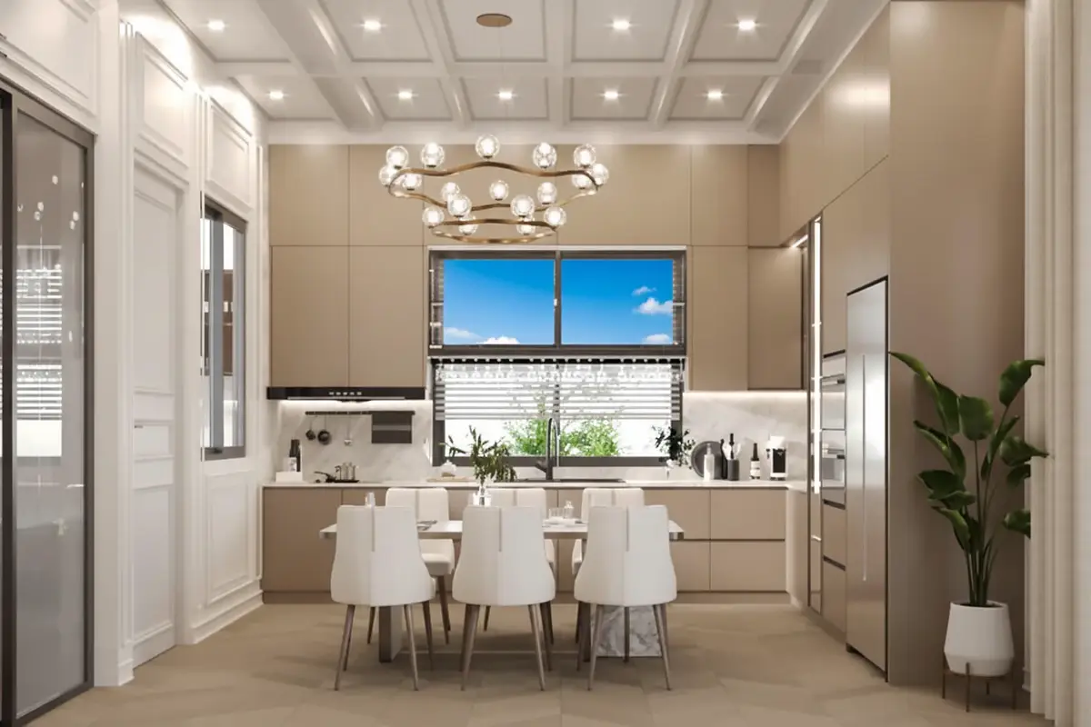 Larelana Villa open-plan kitchen and dining area with light brown cabinetry, marble backsplash, and large window.