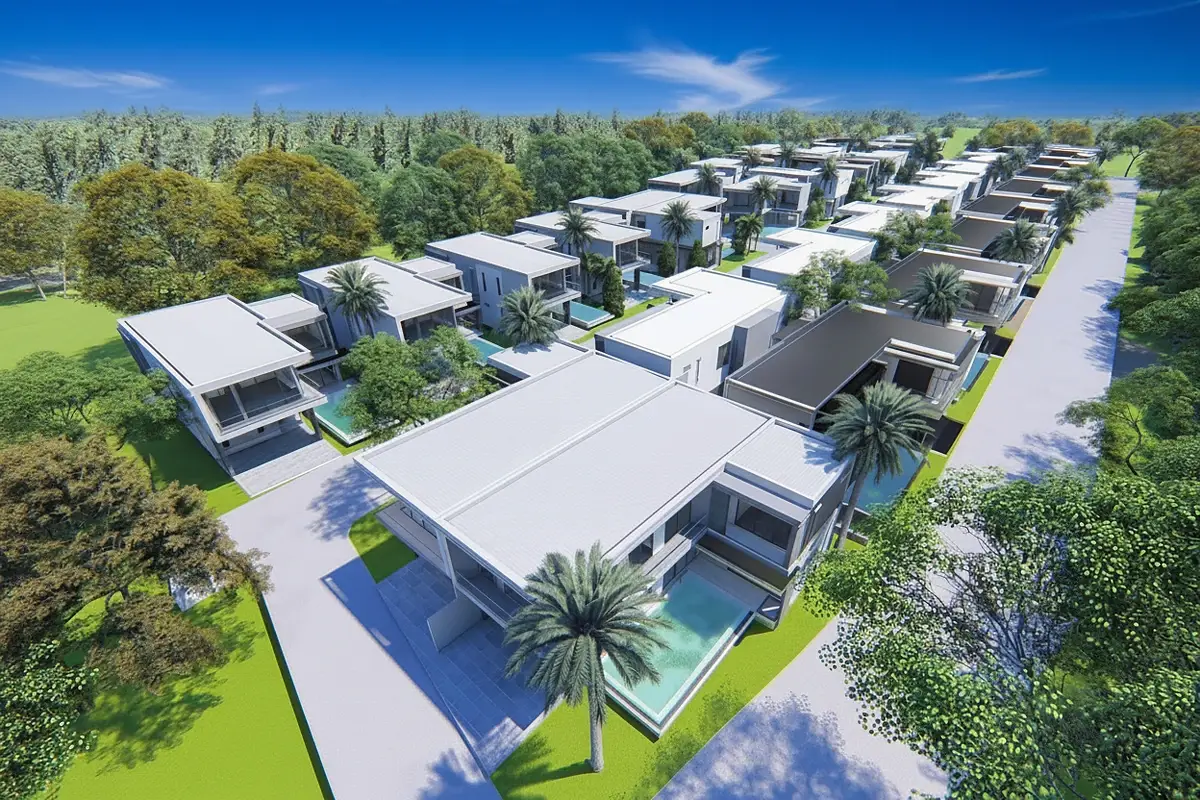 Luxury Vista Villas modern villa with private pool, two luxury cars, and tropical landscaping.