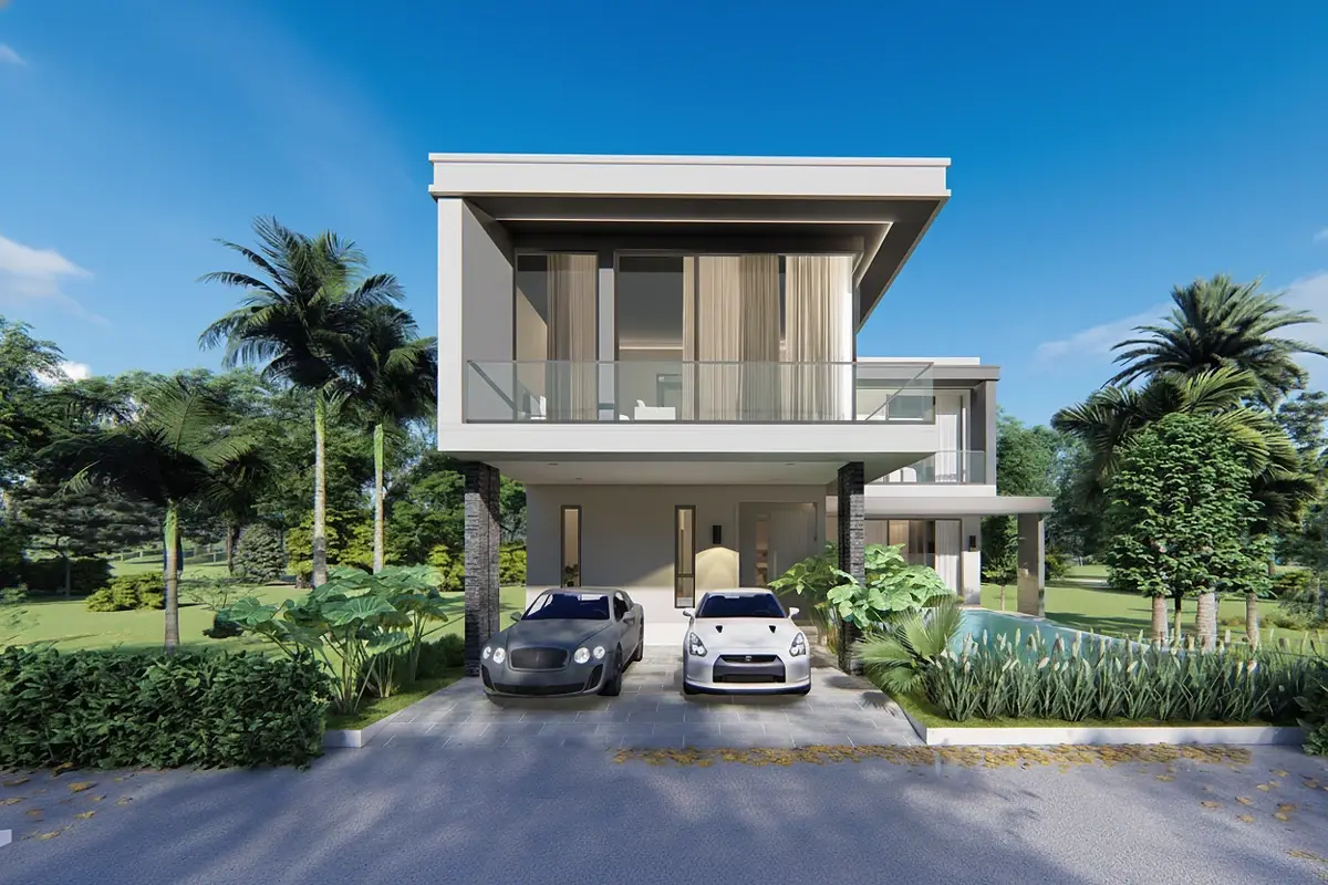 Luxury Vista Villas aerial view of a community of modern villas with private pools and green spaces.