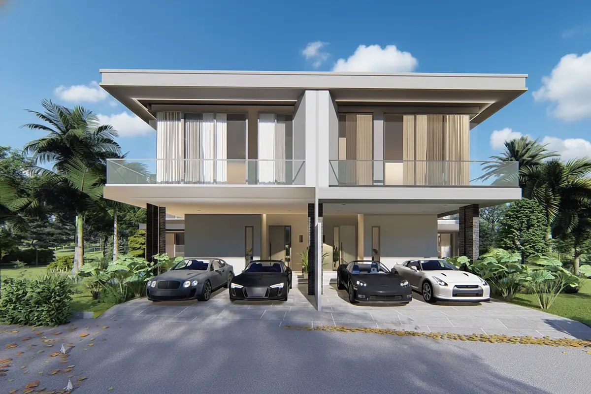 Luxury Vista Villas modern villa exterior with a private swimming pool and lush greenery.