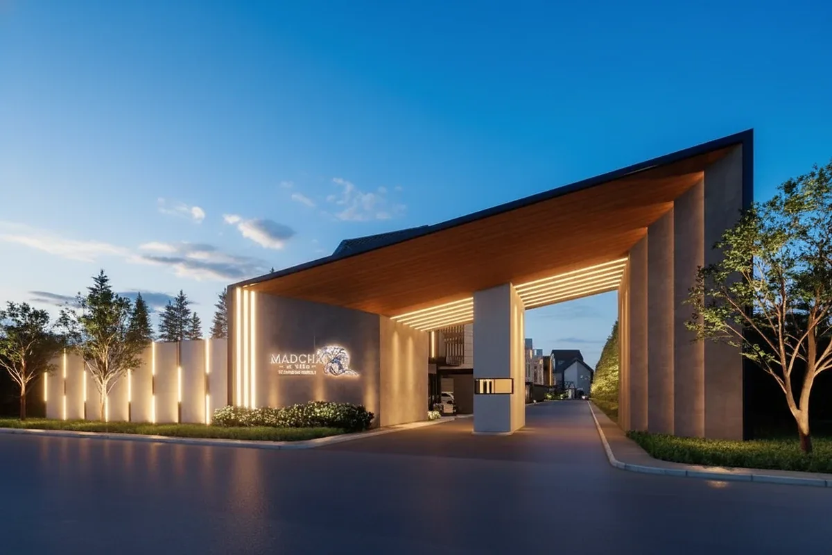 Madcha Le Villa open-plan living room with large sectional sofa, dining area, and modern kitchen.