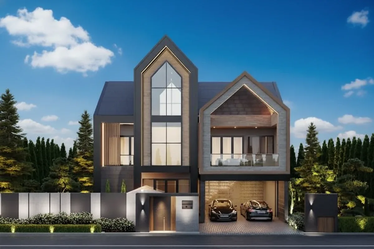 Madcha Le Villa illuminated grand entrance gate with modern architectural design at dusk.