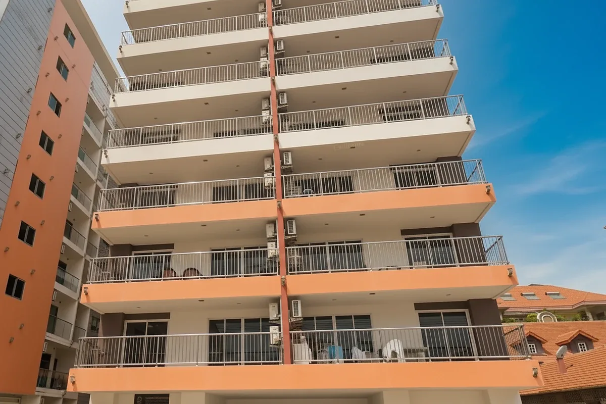 New Nordic Marcus 3 multi-story condo building exterior with orange-brown and white balconies and visible air conditioning units.