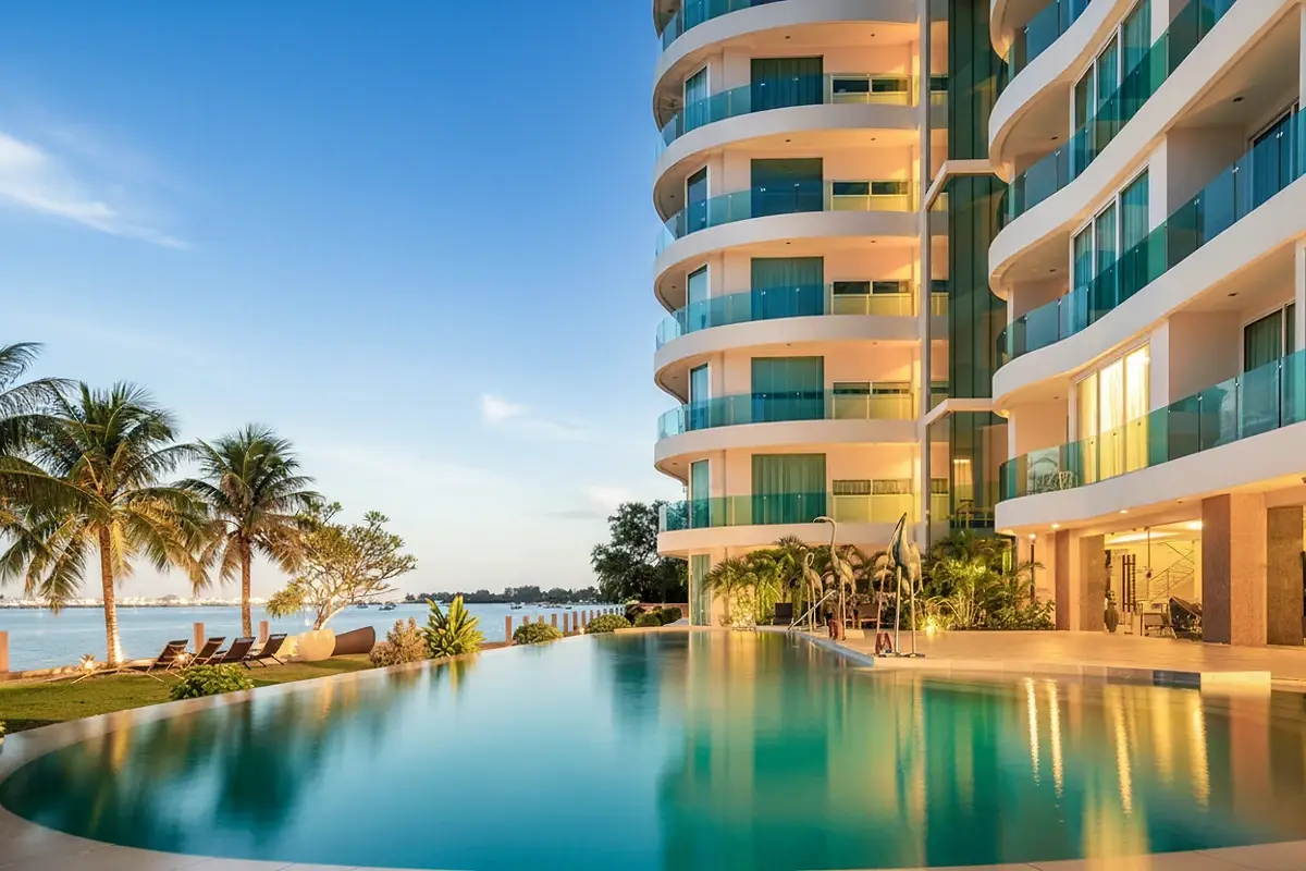 Paradise Ocean View: Modern building with curved balconies, infinity pool, palm trees, and ocean at sunset.