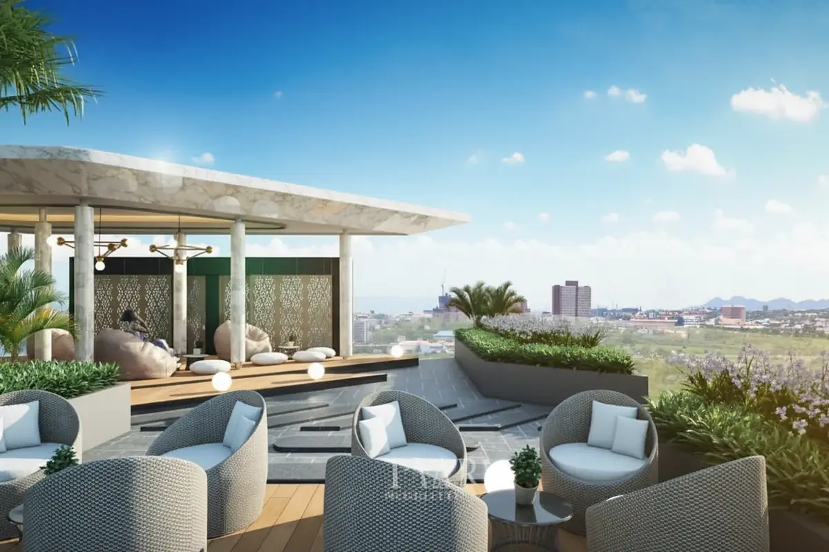Pristine Park 3 rooftop terrace with lounge seating, covered area, and panoramic city views.