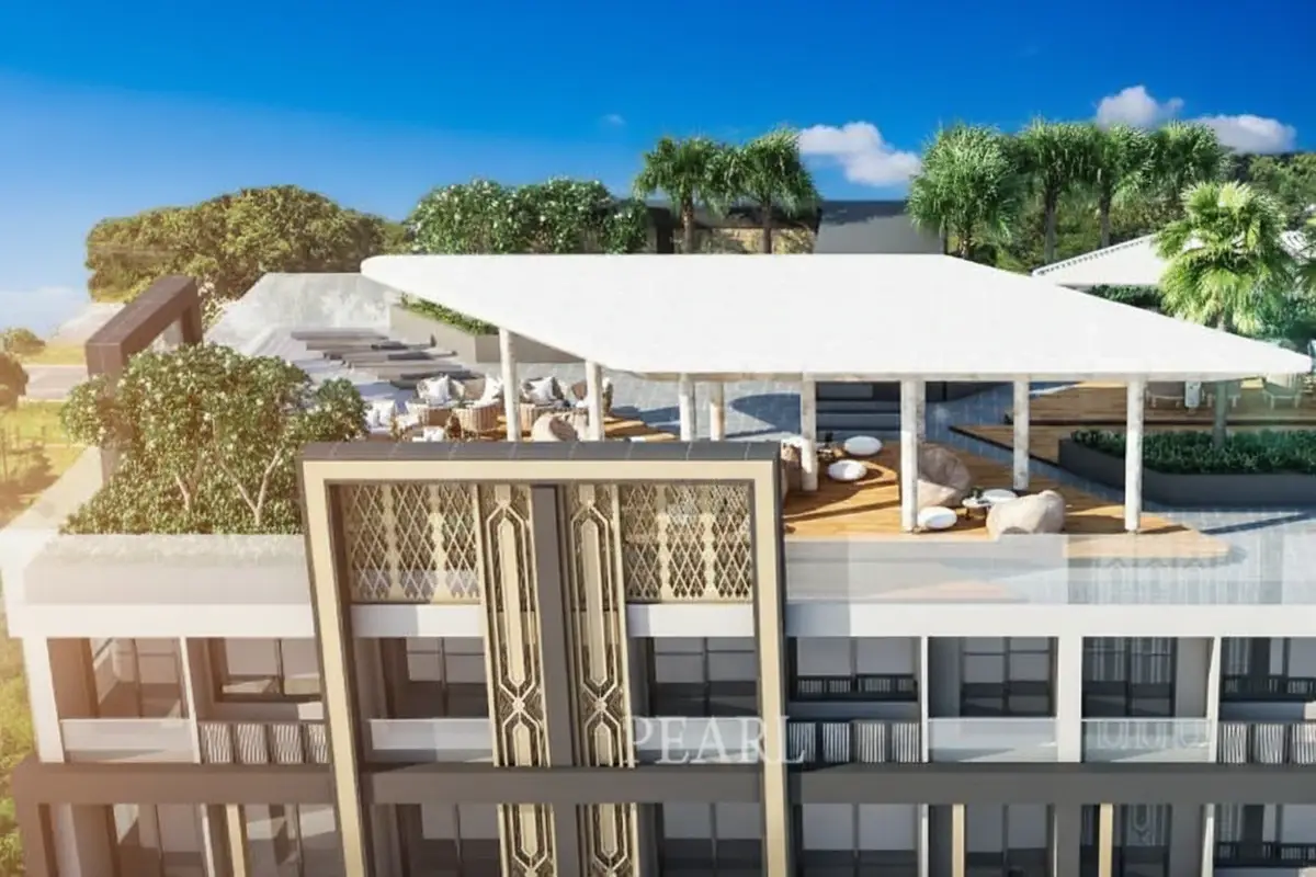 Pristine Park 3 aerial view of the rooftop terrace with covered seating and lush greenery.