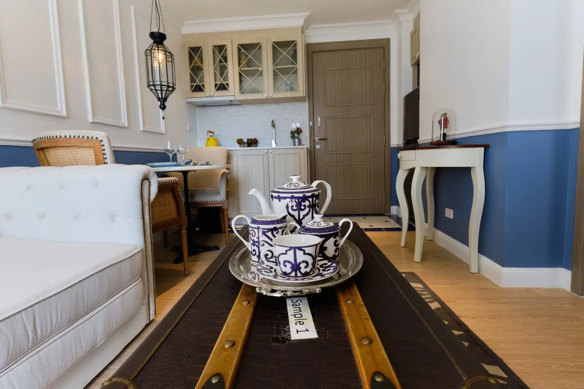 1 Bedroom Condo for Sale at Seven Seas Cote d'Azur, close-up of a decorative tea set on a trunk coffee table.