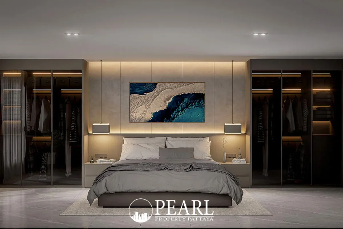 2 Bedroom Condo for Sale in Zensiri Jomtien Residences master bedroom with king-size bed