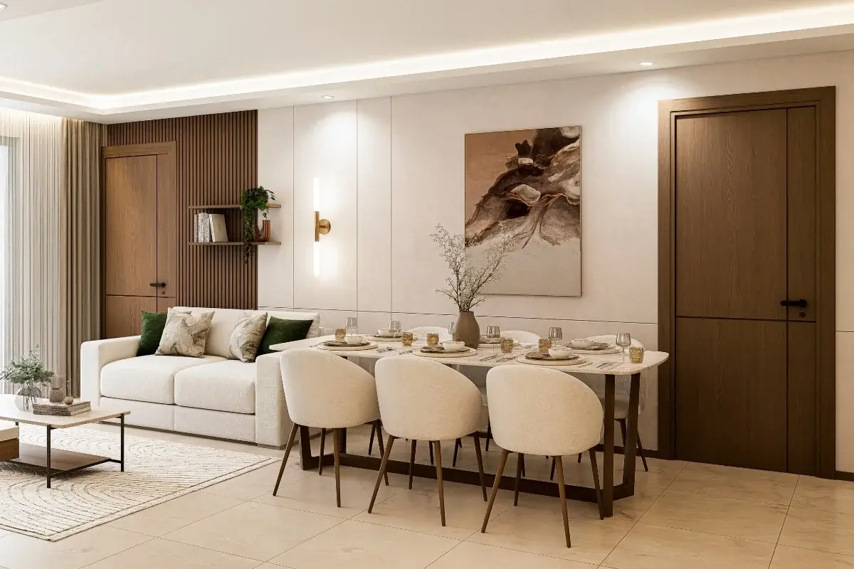 3 Bedroom Condo for Sale at Siam Oriental Beach, dining area with modern table, chairs, and sofa.