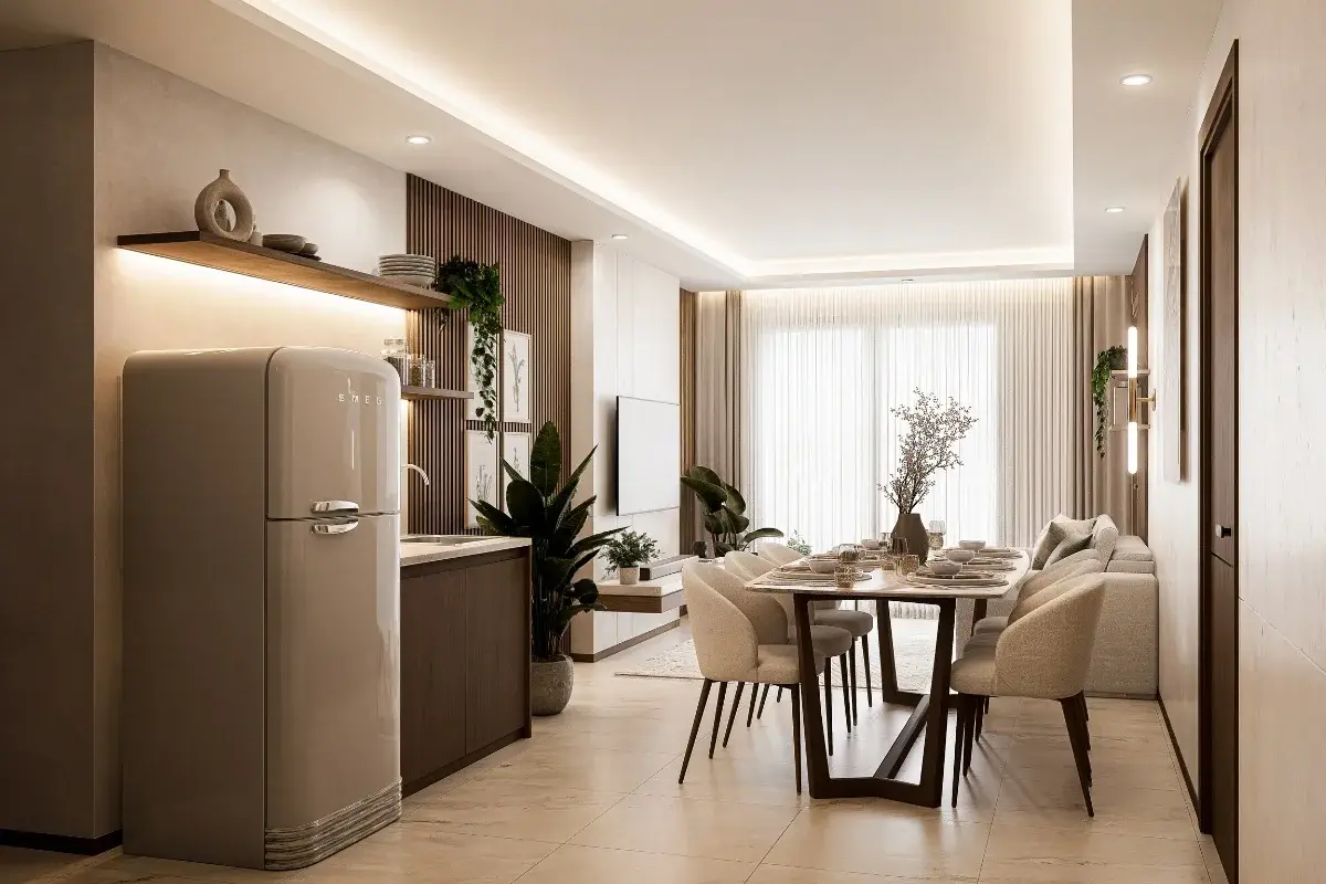 3 Bedroom Condo for Sale at Siam Oriental Beach, open-plan living area with dining table and retro refrigerator.