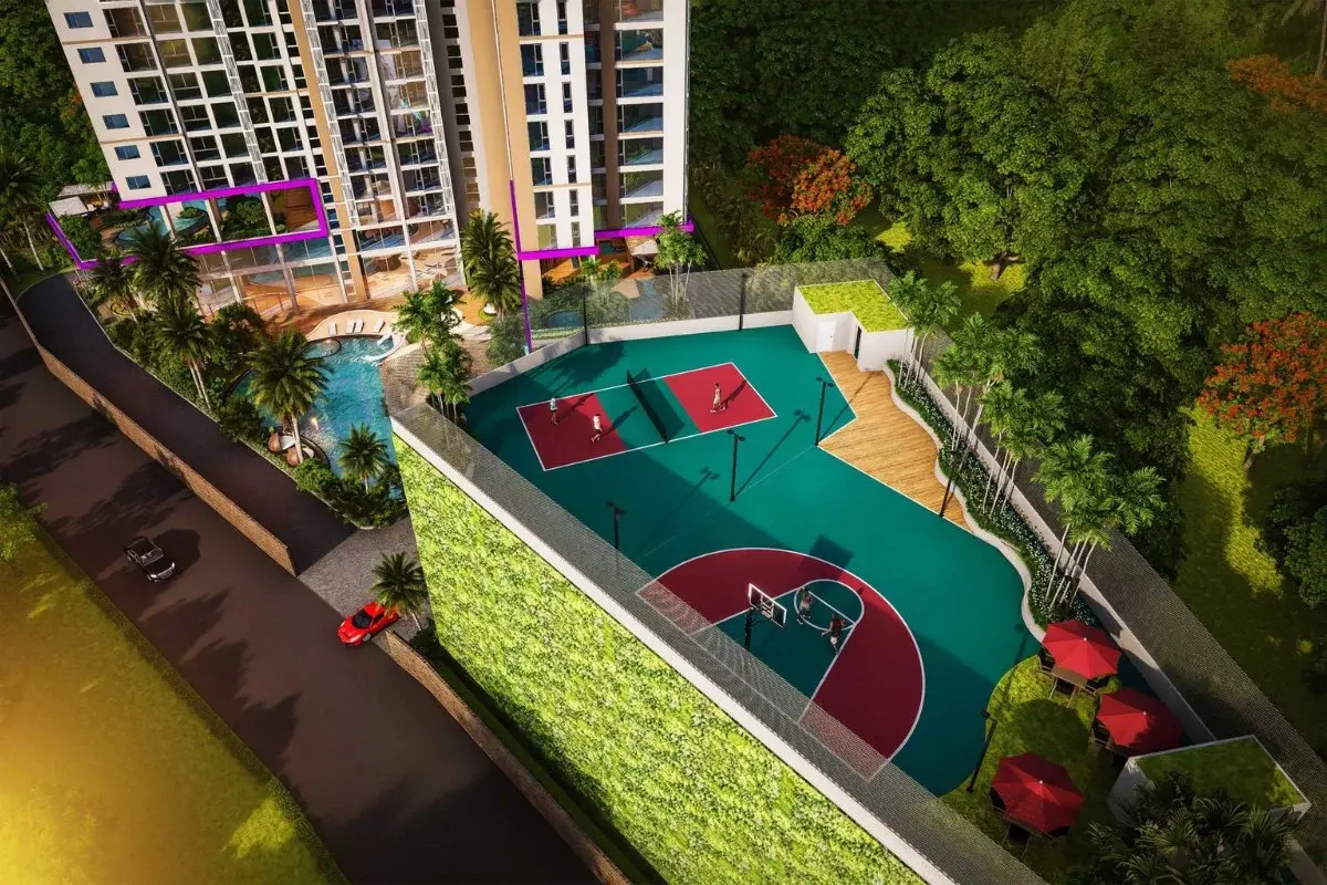 The Riviera Santa Monica aerial view of the outdoor basketball court and multi-sport area next to the building.