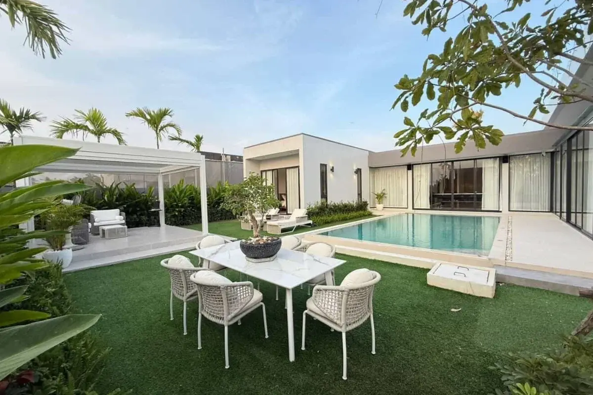 3 Bedroom House for Sale & Rent at The Prospect: Contemporary house exterior with a pool, outdoor seating, and a covered lounge area.