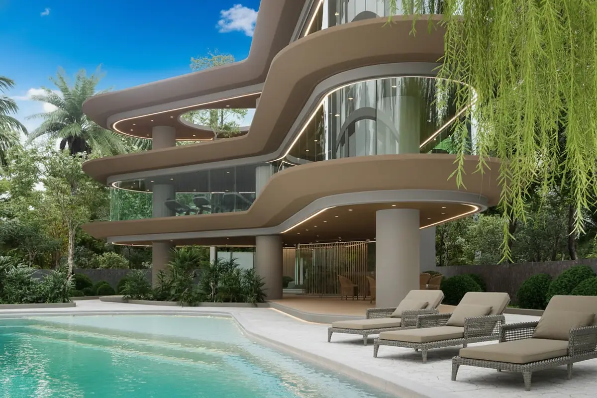 Secret Garden Condominium exterior showing the modern building, swimming pool, and lounge chairs.