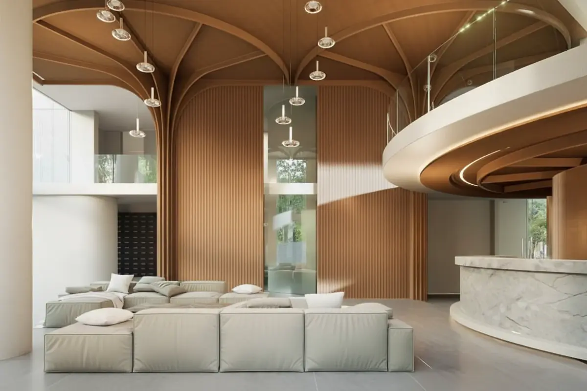 Secret Garden Condominium lobby with modern seating, high ceilings, and large windows overlooking greenery.