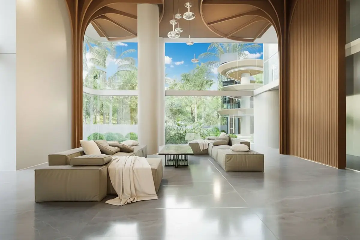 Secret Garden Condominium lobby with a reception desk, stylish seating, and wood-paneled walls and ceiling.