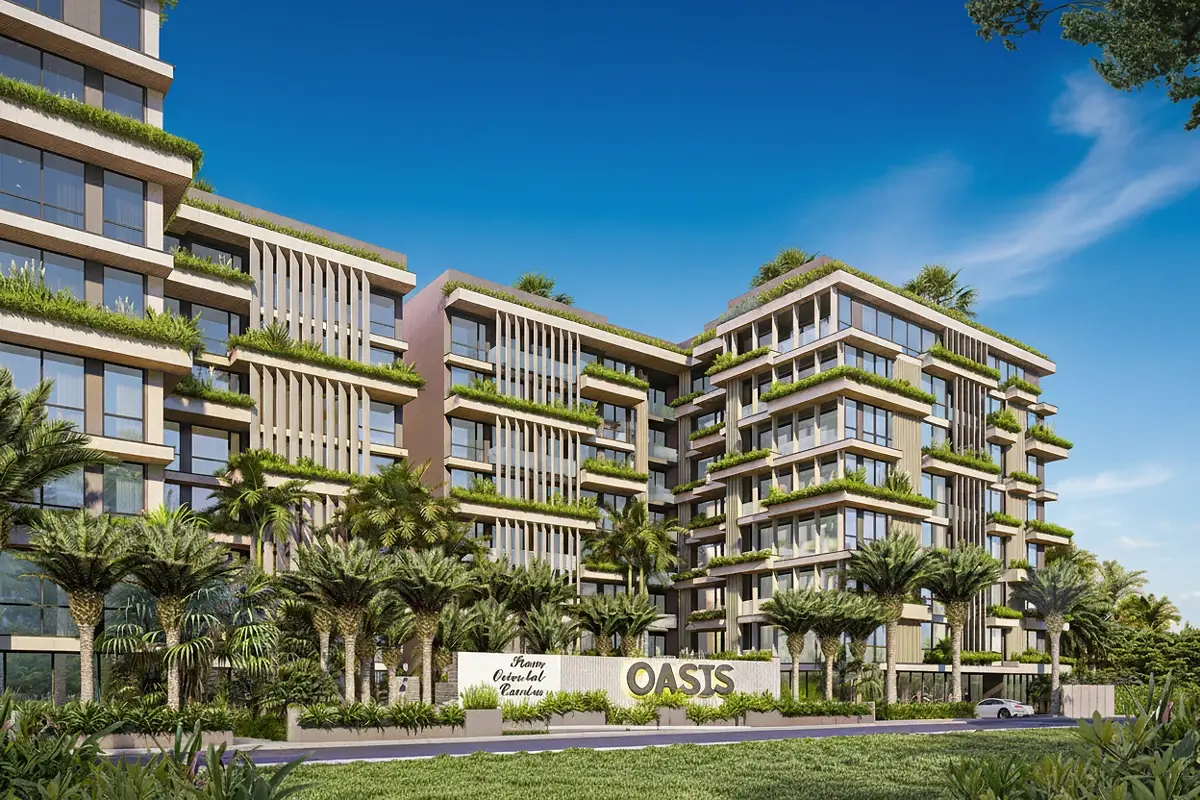 Siam Oriental Oasis modern condo buildings with green landscaping on balconies and rooftops, seen from a street view.