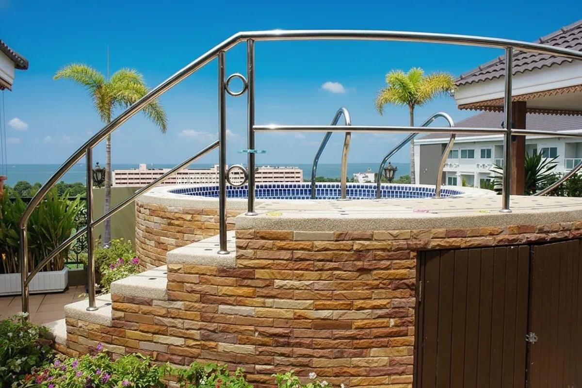 Siam Oriental Twins rooftop terrace with a small circular pool, stone wall, and ocean view in the background.