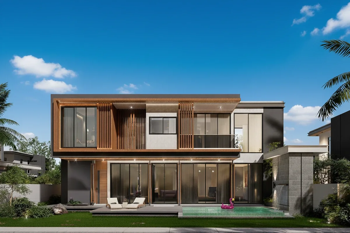 The Ozone Wealth Jomtien Pool Villa Pattaya: Front view of modern house with glass doors, wooden accents, and small pool.