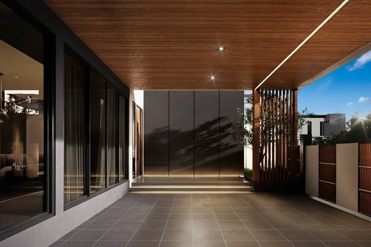 The Ozone Wealth Jomtien Pool Villa Pattaya: Covered outdoor car park with wooden ceiling, tiled floor, and house entrance.