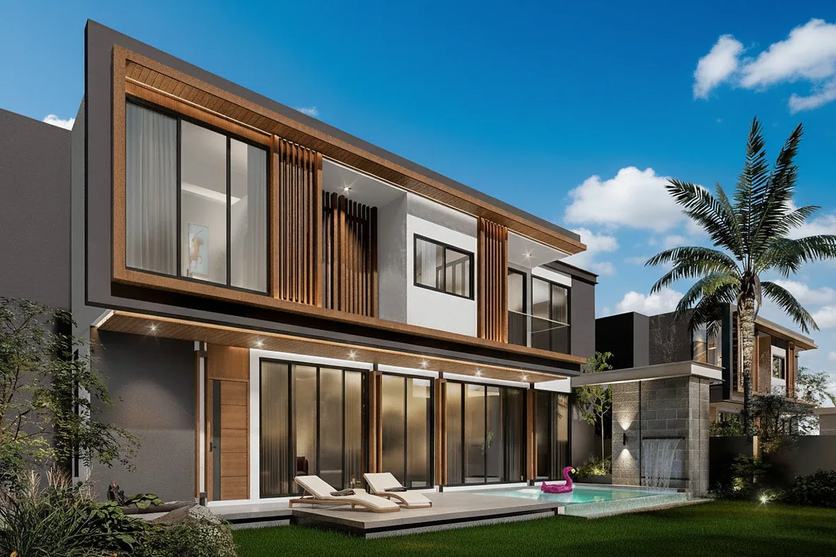 The Ozone Wealth Jomtien Pool Villa Pattaya: Side view of modern house with pool, wooden facade accents, and palm tree.